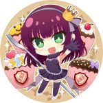  1girl :d angel_beats! armpits bangs black_dress black_gloves black_legwear blush breasts cake chibi crown dress eyebrows_visible_through_hair food fork full_body gloves green_eyes hairband holding holding_fork long_hair medium_breasts mini_crown nakamura_hinato open_mouth outstretched_arm outstretched_hand pleated_dress pumps purple_hair purple_hairband shiny shiny_hair short_dress sleeveless sleeveless_dress smile solo standing thighhighs white_background white_footwear yuri_(angel_beats!) zettai_ryouiki 