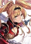  1girl bangs blonde_hair blue_eyes braid breasts cleavage closed_mouth french_braid granblue_fantasy hair_intakes hairband hankuri large_breasts long_hair looking_at_viewer polearm red_armor sidelocks simple_background smile solo spear twintails weapon white_background zeta_(granblue_fantasy) 
