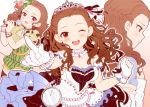  3girls blush braid breasts brown_hair cleavage crown_braid dress furrowed_eyebrows gloves idolmaster idolmaster_cinderella_girls microphone multiple_girls red_eyes seki_hiromi starry_sky_bright tiara uzu_shi_o 