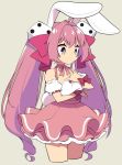  1girl adjusting_clothes animal_ears bangs bare_shoulders breasts bunny_ears choker cleavage closed_mouth cropped_legs di_gi_charat dice dice_hair_ornament dress frilled_dress frills hair_ornament hair_ribbon heart large_breasts long_hair mzh pink_eyes pink_hair pink_neckwear ribbon ribbon_choker simple_background solo twintails usada_hikaru 