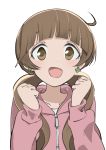  1girl bangs blunt_bangs brown_hair clenched_hand clover_earrings hands_up highres hood hoodie houkago_saikoro_club long_hair long_sleeves looking_at_viewer low_twintails open_mouth pettan pink_hoodie smile solo takayashiki_aya twintails upper_body zipper 