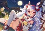  1girl alternate_costume animal_ears architecture azur_lane bangs blush bridge bunny_ears commentary_request cup dango detached_sleeves east_asian_architecture eyebrows_visible_through_hair fake_animal_ears food full_moon hair_ornament hairband holding holding_cup kanzashi laffey_(azur_lane) lavender_hair long_hair looking_at_viewer manjuu_(azur_lane) moon moonlight night night_sky outdoors poshii_(posy) pursed_lips red_eyes sakazuki shouji sidelocks sky sliding_doors solo tatami thighhighs thighs tsukimi_dango tsumami_kanzashi twintails wagashi white_footwear white_legwear 