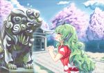  1girl architecture arms_up blue_sky blush cherry_blossoms cloud commentary day east_asian_architecture from_side green_eyes green_hair hakurei_shrine horns kariyushi_shirt komainu komano_aun long_hair looking_to_the_side open_mouth outdoors paw_pose red_shirt rope sachisudesu shide shimenawa shirt short_sleeves shrine sky standing statue stone_walkway touhou tree upper_body very_long_hair wavy_hair 