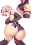  1girl ass ass_focus back back_cutout bare_shoulders bent_over blush breasts closed_mouth elbow_gloves fate/grand_order fate_(series) from_behind gloves hair_over_one_eye highleg highleg_leotard highres large_breasts lavender_hair leotard looking_at_viewer looking_back mash_kyrielight multiple_views partially_visible_vulva pink_hair purple_eyes purple_gloves purple_legwear purple_leotard short_hair simple_background thigh_strap thighhighs thighs white_background xiaodi 