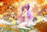  1girl absurdres ahoge ass autumn_leaves azur_lane bamboo blurry breasts commentary_request depth_of_field doll_hug food hair_bun hair_ribbon highres huge_filesize in_water leaf long_hair looking_at_viewer maple_leaf one_side_up onsen parted_lips pudding purple_eyes purple_hair ribbon side_bun sideboob sitting solo steam stuffed_alicorn stuffed_animal stuffed_pegasus stuffed_toy stuffed_unicorn tears theleopardcat unicorn_(azur_lane) wariza 