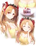 1girl bangs blonde_hair blush breasts cake cherry cleavage closed_eyes collarbone commentary_request crown earrings ereshkigal_(fate/grand_order) eyebrows_visible_through_hair fate/grand_order fate_(series) food food_on_breasts food_on_face fork fruit hair_ribbon happiness_lilys holding holding_fork infinity jewelry light_blush long_hair medium_breasts multiple_views plate red_eyes red_ribbon ribbon slice_of_cake smile solo_focus strap_slip swept_bangs tiara two_side_up upper_body wavy_mouth white_background 