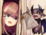  1girl axe black_sclera blue_eyes brown_hair debidebi_debiru demon demon_horns demon_wings here&#039;s_johnny! horns medium_hair nijisanji open_mouth parody roll_okashi scared suzuhara_lulu the_shining virtual_youtuber wings yellow_eyes 