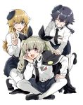  3girls anchovy anzio_school_uniform bangs belt beret black_belt black_cape black_footwear black_hair black_headwear black_neckwear black_ribbon black_skirt blush bonkara_(sokuseki_maou) braid cape carpaccio chin_rest commentary dress_shirt drill_hair emblem eyebrows_visible_through_hair facing_viewer girls_und_panzer green_eyes green_hair grin hair_ribbon hand_on_another&#039;s_shoulder hand_on_own_knee hat highres indian_style kneeling loafers long_hair long_sleeves looking_at_viewer miniskirt multiple_girls necktie one_eye_closed open_mouth pantyhose pepperoni_(girls_und_panzer) pleated_skirt red_eyes ribbon school_uniform shirt shoes short_hair side_braid simple_background sitting skirt smile sweatdrop twin_drills twintails v white_background white_legwear white_shirt 