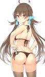  1girl ahoge ass back bangs bikini black_bikini blush breasts brown_eyes brown_hair butt_crack eyebrows_visible_through_hair hair_between_eyes hair_ribbon halterneck hand_on_hip highres jyt long_hair looking_at_viewer looking_back low_twintails lowleg lowleg_bikini medium_breasts panda ribbon shinka_musume shinka_musume_channel side-tie_bikini skindentation solo string_bikini swimsuit thighhighs twintails virtual_youtuber white_background 