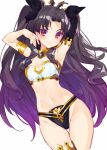  1girl arm_behind_head armlet armpits arms_up bikini bikini_bottom bikini_top black_bikini_bottom black_hair breasts bucchake_(asami) choker cleavage detached_sleeves fate/grand_order fate_(series) groin ishtar_(fate/grand_order) long_hair navel red_eyes ribbon simple_background single_detached_sleeve single_thighhigh small_breasts smile solo swimsuit thigh_gap thighhighs thighs two_side_up very_long_hair white_background white_bikini_top 