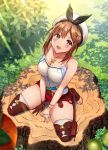  1girl :d atelier_(series) atelier_ryza belt blush breasts bridal_legwear brown_eyes brown_gloves brown_hair brown_legwear cleavage collarbone commentary_request eyebrows_visible_through_hair from_above full_body gloves grass hair_ornament hairclip hat highres jewelry large_breasts looking_at_viewer mikomiko_(mikomikosu) nature navel necklace open_mouth red_shorts reisalin_stout short_hair short_shorts shorts sidelocks single_glove sitting smile solo star star_necklace thighhighs thighs white_headwear white_legwear 