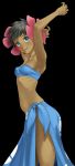 1girl absurdres arched_back armpits arms_up bangs black_background black_hair blue_eyes blue_sarong blush closed_mouth collarbone covered_nipples dark_skin elite_four flower from_side fuyou_(pokemon) hair_flower hair_ornament happy highres looking_at_viewer navel nose_blush pink_flower pokemon pokemon_(game) pokemon_rse ribs sarong short_hair simple_background skindentation smile solo standing strapless tubetop turiganesou800 
