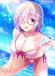  1girl adapted_costume ass_visible_through_thighs bent_over bikini breasts cleavage collarbone commentary_request day fate/grand_order fate_(series) feet_out_of_frame glasses hair_over_one_eye horizon izumi_akane large_breasts leaning_forward lens_flare light_rays looking_at_viewer mash_kyrielight navel ocean open_mouth outdoors purple-framed_eyewear purple_eyes purple_hair short_hair side-tie_bikini smile solo sunbeam sunlight swimsuit swimsuit_of_perpetual_summer twitter_username white_bikini 