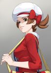  1girl absurdres bag bow breasts brown_eyes brown_hair closed_mouth from_side gradient gradient_background grey_background hand_up happy hat hat_bow highres kotone_(pokemon) long_sleeves looking_at_viewer medium_breasts overalls pokemon pokemon_(game) pokemon_hgss red_bow red_shirt shirt short_hair simple_background smile solo standing tied_hair turiganesou800 twintails upper_body white_headwear 