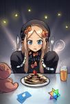  1girl abigail_williams_(fate/grand_order) bangs bendy_straw black_bow black_dress black_headwear blonde_hair blue_eyes blush bow commentary cup dress drink drinking_glass drinking_straw drooling eyebrows_visible_through_hair fate/grand_order fate_(series) food forehead fork fruit glint hair_bow hat holding holding_fork holding_knife itunes_card knife long_hair long_sleeves miya_(pixiv15283026) mouth_drool multiple_bows multiple_hair_bows open_mouth orange_bow pancake parted_bangs plate polka_dot polka_dot_bow saint_quartz sleeves_past_fingers sleeves_past_wrists solo stack_of_pancakes strawberry stuffed_animal stuffed_toy teddy_bear upper_body v-shaped_eyebrows 
