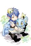  1boy ^_^ blue_hair book closed_eyes crossover final_fantasy final_fantasy_xiv gen_3_pokemon gen_4_pokemon gen_5_pokemon joltik lalafell maruta_(ieiieiiei5316) on_head open_book open_mouth pointing pointy_ears pokemon pokemon_(creature) pokemon_on_head shinx simple_background white_background wynaut yellow_eyes 