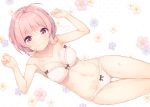  1girl ahoge armpits ass_visible_through_thighs bra breasts cleavage closed_mouth collarbone commentary_request floral_background flower hands_up looking_at_viewer medium_breasts mole_on_thigh navel nijihashi_sora original panties petals pink_eyes pink_flower pink_hair purple_flower short_hair smile solo stomach thigh_gap thighs underwear underwear_only white_background white_bra white_flower white_panties yellow_flower 