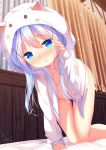  1girl :o all_fours animal_ears animal_hood bangs bed_sheet blue_eyes blue_hair blurry blurry_background blush breasts cat_ears cat_hood chinomaron commentary_request curtains depth_of_field drunk eyebrows_visible_through_hair fake_animal_ears gochuumon_wa_usagi_desu_ka? groin hair_between_eyes hair_ornament hand_up highres hood hood_up hooded_jacket indoors jacket kafuu_chino long_hair long_sleeves naked_coat navel nose_blush parted_lips signature sleeves_past_wrists small_breasts solo x_hair_ornament 