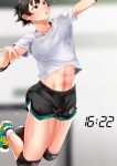  1girl abs black_hair breasts covered_nipples elbow_pads jumping knee_pads large_breasts navel original playing_sports rokujyouwasitu shirt shoes short_hair short_shorts shorts sneakers solo sport sportswear sweat t-shirt timestamp tomboy unaligned_breasts volleyball_uniform 