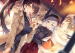  2girls azur_lane bag bangs beige_coat belt beret blue_eyes blurry blush breasts brown_hair buckle casual coat cup depth_of_field drinking dutch_angle eyebrows_visible_through_hair floating_hair hair_ornament hand_up hat hinot holding holding_cup jewelry large_breasts long_hair long_sleeves looking_at_viewer mole mole_under_eye multiple_belts multiple_girls necklace one_side_up open_clothes open_coat outdoors ponytail red_skirt shawl shirt shoukaku_(azur_lane) silver_hair skirt smile sweater turtleneck very_long_hair wind zuikaku_(azur_lane) 