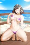  1girl :d alfred_cullado areola_slip areolae ass_visible_through_thighs bangs banned_artist barefoot beach bikini blue_sky breasts brown_hair cloud collarbone day full_body gradient_hair grey_eyes highres kneeling large_breasts looking_at_viewer multicolored_hair navel ocean open_mouth outdoors patreon_logo purple_bikini red_hair rwby shiny shiny_hair shiny_skin short_hair side-tie_bikini sky smile solo summer_rose swept_bangs swimsuit watermark 