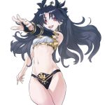  1girl :d bare_shoulders black_hair black_ribbon breasts crown earrings elbow_gloves fate/grand_order fate_(series) gloves hair_ribbon highres ishtar_(fate/grand_order) jewelry looking_at_viewer mao_san navel open_mouth outstretched_arm red_eyes ribbon simple_background smile solo teeth two_side_up white_background 
