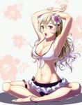  1girl anklet armpits arms_up barefoot black_bikini_bottom blonde_hair blush breasts cleavage collarbone corrin_(fire_emblem) corrin_(fire_emblem)_(female) curly_hair fire_emblem fire_emblem_fates floral_background flower frilled_bikini_bottom front-tie_bikini front-tie_top groin gzo1206 hair_between_eyes hibiscus jewelry long_hair medium_breasts navel open_mouth pointy_ears purple_hair red_eyes solo very_long_hair white_bikini_top 