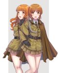  2girls aiguillette alternate_costume bangs belt black_belt black_gloves black_neckwear blunt_bangs blush bonple_military_uniform brown_cape brown_eyes brown_hair brown_jacket brown_skirt cape commentary dress_shirt eyebrows_visible_through_hair from_behind girls_und_panzer gloves grey_background insignia jacket locked_arms long_hair long_sleeves looking_at_viewer looking_back miniskirt multiple_girls necktie nishizumi_miho open_mouth orange_eyes orange_hair outside_border pleated_skirt shirt short_hair skirt smile standing takebe_saori totonii_(totogoya) white_shirt wing_collar 