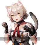  1girl animal_ears blush breasts girls_frontline gloves grey_hair open_mouth red_neckwear short_hair short_sleeves shy silence_girl solo tail upper_body vector_(girls_frontline) wristband yellow_eyes 