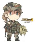  1girl :&lt; assault_rifle black_footwear blue_eyes boots brown_hair camouflage gun hat highres military military_uniform original rifle slovenia tantu_(tc1995) uniform weapon white_background 