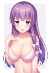  1girl bangs bare_arms bare_shoulders blush border bow bra breasts collarbone commentary_request eyebrows_visible_through_hair flying_sweatdrops grey_background hair_bow hand_on_own_chest hand_up large_breasts long_hair looking_at_viewer navel no_hat no_headwear open_mouth partial_commentary patchouli_knowledge purple_eyes purple_hair sidelocks simple_background solo stomach touhou underwear underwear_only upper_body white_border white_bow white_bra yamayu 