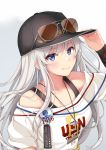  1girl adjusting_clothes adjusting_hat alternate_costume andrew_(fanlp3) azur_lane black_headwear blue_eyes character_name enterprise_(anniversary_ride)_(azur_lane) enterprise_(azur_lane) eyewear_on_headwear hat jewelry long_hair looking_at_viewer necklace shirt silver_hair smile solo sunglasses upper_body very_long_hair white_shirt 