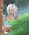  1girl absurdres bangs bare_shoulders braid collarbone commentary_request dark_skin day green_eyes hair_between_eyes hand_up highres in_tree long_hair looking_at_viewer original outdoors parted_lips roido_(taniko-t-1218) side_braid silver_hair single_braid skirt solo squatting tree white_skirt 