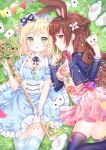  2girls :o alice_in_wonderland animal animal_ears artist_name black_legwear black_ribbon blonde_hair blue_dress blush bow breasts brown_eyes brown_hair bunny bunny_ears closed_mouth club_(shape) collar commentary detached_collar diamond_(shape) dress english_commentary floral_print grass green_eyes hair_bun heart highres holding_playing_card key long_hair lying medium_breasts multiple_girls natsumii_chan neck_ribbon official_art on_back on_grass on_side original oversized_object parted_lips pennant pink_dress pocket_watch print_dress profile puffy_short_sleeves puffy_sleeves red_bow ribbon short_sleeves side_bun signature small_breasts smile spade_(shape) string_of_flags striped striped_legwear thighhighs very_long_hair watch white_bow white_collar wing_collar 