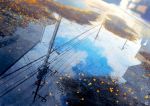  autumn_leaves blue_sky blurry blurry_background building cloud cloudy_sky commentary day depth_of_field dutch_angle ginkgo_leaf mocha_(cotton) no_humans original outdoors power_lines puddle reflection scenery signature sky telephone_pole tree water window 