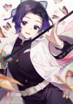  1girl :d animal asahikawa_hiyori bangs belt belt_buckle black_hair black_jacket black_pants breasts buckle bug butterfly butterfly_hair_ornament commentary_request forehead gradient_hair hair_ornament holding holding_sword holding_weapon insect jacket katana kimetsu_no_yaiba kochou_shinobu long_sleeves looking_at_viewer multicolored_hair open_clothes open_mouth pants parted_bangs purple_eyes purple_hair small_breasts smile solo sword weapon white_belt wide_sleeves 