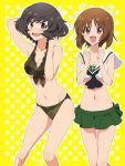  2girls :d adapted_costume akiyama_yukari arm_behind_head bangs bikini bikini_skirt black_neckwear blush breasts brown_eyes brown_hair camouflage camouflage_bikini cleavage clenched_hands commentary_request eyebrows_visible_through_hair flying_sweatdrops frilled_bikini frills girls_und_panzer green_bikini green_skirt hair_ornament hands_in_hair heart heart_hair_ornament kari_okome leaning_forward looking_at_another looking_at_viewer medium_breasts messy_hair multiple_girls navel neckerchief nishizumi_miho ooarai_school_uniform open_mouth outline polka_dot polka_dot_background sailor_bikini sailor_collar school_uniform short_hair skirt smile sparkle standing swimsuit white_outline yellow_background 