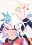  !? 2boys :3 blue_eyes blue_hair galo_thymos green_hair highres lio_fotia male_focus matoi_tech mecha multiple_boys promare purple_eyes rei_snow_garden spiked_hair torn_sleeve waving 