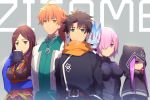  2boys 3girls ahoge armor black_armor black_hair black_shirt blue_eyes breasts brown_hair chaldea_uniform cis05 cloak closed_mouth commentary_request creature cup dress eyebrows_visible_through_hair fate/grand_order fate_(series) fou_(fate/grand_order) fujimaru_ritsuka_(male) green_eyes hair_between_eyes hair_over_one_eye holding holding_cup hood hooded hooded_cloak jitome large_breasts leonardo_da_vinci_(fate/grand_order) long_hair looking_at_viewer mash_kyrielight medusa_(lancer)_(fate) messy_hair mug multiple_boys multiple_girls orange_hair orange_scarf pink_hair purple_eyes rider romani_archaman scarf shirt short_hair sipping spiked_hair 