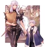  1boy 1girl armor bag bangs blue_eyes blurry blurry_background border breastplate building elezen elf estinien eyebrows_visible_through_hair final_fantasy final_fantasy_xiv food genderswap genderswap_(mtf) greaves highres holding_hands long_hair mother_and_son open_mouth pannakotta paper_bag pauldrons pointy_ears scale_armor scar smile thigh_gap white_border white_hair 