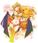  ahoge arm_garter blonde_hair boots breasts cape detached_collar eyewear_on_head fang fang_out gold_bikini halloween highres iesupa large_breasts long_hair midriff navel prosthesis prosthetic_arm pumpkin purple_eyes rwby thigh_boots thighhighs vampire_costume wavy_hair yang_xiao_long 