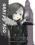  1girl :d bangs black_cape black_cardigan black_gloves blue_eyes cape character_name clock clock_tower copyright_name elizabeth_tower fate_(series) gloves gray_(lord_el-melloi_ii) hair_between_eyes highres hood hood_up hooded long_sleeves looking_at_viewer lord_el-melloi_ii_case_files open_mouth short_hair silver_hair smile solo standing tower upper_body user_smgj5887 