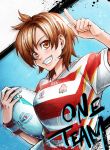 1girl 2019_rugby_world_cup ball blue_background blush brown_eyes brown_hair english_text holding holding_ball index_finger_raised japan jersey looking_at_viewer nishinomiya_sakuko rugby rugby_ball rugby_uniform shirt short_hair short_sleeves smile solo sportswear standing striped striped_shirt sweatdrop upper_body 