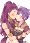  2girls bernadetta_von_varley blush bracelet closed_eyes closed_mouth dress earrings facial_mark fire_emblem fire_emblem:_three_houses gloves heart jewelry kvlen long_hair multiple_girls petra_macneary ponytail purple_hair short_hair simple_background upper_body white_background yuri 