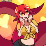  1girl animated animated_gif artist_name belt belt_buckle blinking bouncing_breasts breasts buckle eyebrows_visible_through_hair fangs front-tie_top hair_between_eyes hair_ornament hairclip hands_together heart lamia large_breasts long_hair long_tongue looking_at_viewer midriff miia_(monster_musume) miniskirt monster_girl monster_musume_no_iru_nichijou navel one_eye_closed open_mouth orange_eyes patreon_username pointy_ears red_hair scales shirt signature simple_background skirt slit_pupils stretch tied_hair tongue tongue_out twistedgrim yellow_eyes yellow_shirt 