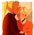  2boys :&gt; ^_^ alphonse_elric backlighting blonde_hair blush brothers brown_coat closed_eyes coat commentary edward_elric english_commentary eyebrows_visible_through_hair fingernails forehead_kiss from_behind fullmetal_alchemist furrowed_eyebrows giggling hair_over_one_eye hand_on_another&#039;s_arm hand_on_another&#039;s_head highres huyandere kiss long_sleeves male_focus multiple_boys orange_shirt outdoors ponytail profile shaded_face shirt siblings straight_hair sunlight upper_body 