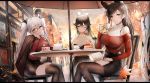  4girls absurdres animal_ears antenna_hair atago_(azur_lane) autumn autumn_leaves azur_lane bare_shoulders black_hair black_skirt blazer bow breasts brown_jacket brown_legwear cake chair cheek_rest closed_mouth commentary_request cup food formidable_(azur_lane) hair_bow hair_ribbon highres holding holding_cup jacket jacket_on_shoulders large_breasts leaf leaves_in_wind letterboxed long_hair long_sleeves looking_at_viewer maple_leaf multicolored_hair multiple_girls off-shoulder_shirt off_shoulder one_eye_closed orange_eyes outdoors pantyhose para3318 pencil_skirt plate ponytail prinz_eugen_(azur_lane) red_shirt ribbon road shirt shirt_tucked_in sign sitting skirt slice_of_cake smile streaked_hair street table takao_(azur_lane) thighhighs tree two_side_up umbrella watch white_bow wing_collar wristwatch zettai_ryouiki 
