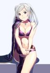  1girl bangs bikini black_footwear boots breasts brown_eyes cleavage closed_mouth collarbone fire_emblem fire_emblem_awakening grey_background gzo1206 jewelry knee_boots long_hair looking_at_viewer medium_breasts navel necklace o-ring o-ring_bikini purple_bikini robin_(fire_emblem) robin_(fire_emblem)_(female) silver_hair simple_background single_boot sitting smile solo swept_bangs swimsuit twintails underboob 