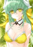 1girl bow breasts cleavage detached_collar eyebrows_visible_through_hair fate/grand_order fate_(series) green_hair hair_between_eyes hair_bow halterneck horns kiyohime_(fate/grand_order) kiyohime_(swimsuit_lancer)_(fate) long_hair looking_at_viewer medium_breasts morizono_shiki parted_lips shiny shiny_hair solo upper_body wet_hat yellow_bikini_top yellow_bow yellow_eyes 