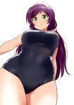 1girl black_swimsuit breasts from_below green_eyes kurokawa_makoto large_breasts long_hair looking_at_viewer love_live! love_live!_school_idol_project low_twintails one-piece_swimsuit parted_lips purple_hair school_swimsuit simple_background solo swimsuit toujou_nozomi twintails white_background 